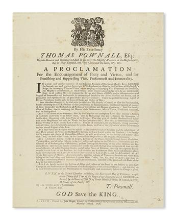 (EARLY AMERICAN IMPRINT.) Pownall, Thomas. A Proclamation for the Encouragement of Piety and Virtue,
